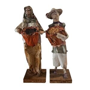 Vintage Mexican Folk-Art Papier-Mache Figures Man & Women Carry Harvest Baskets